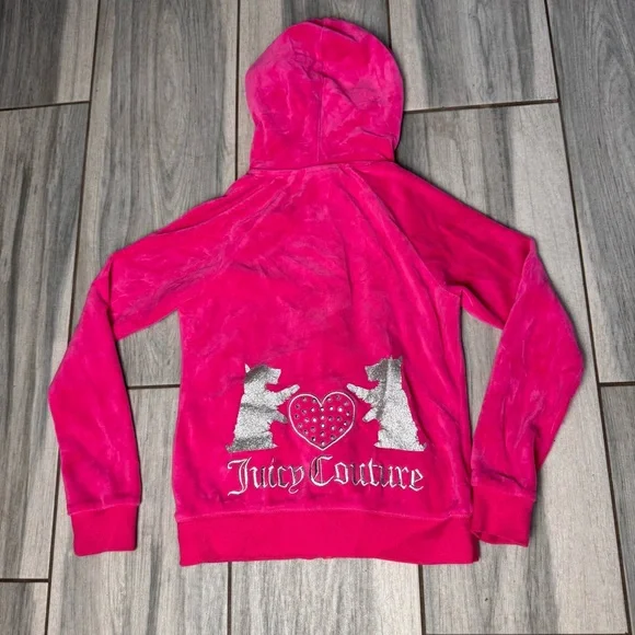 Girls Juicy Couture Pink Velour Zip Up Jacket With Hood Dog Print on Back 8-10 - Picture 1 of 6